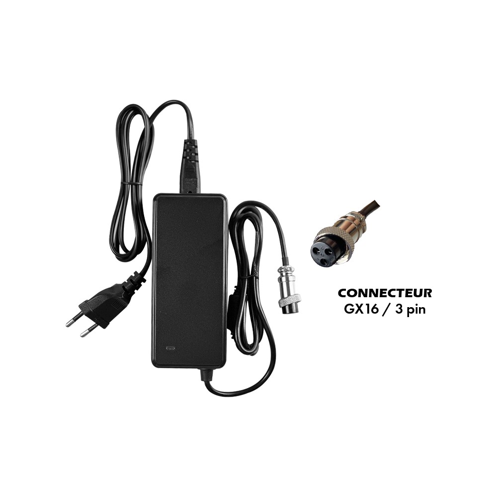 Chargeur 36V 42V/2A GX16 pour trottinette électrique de face
